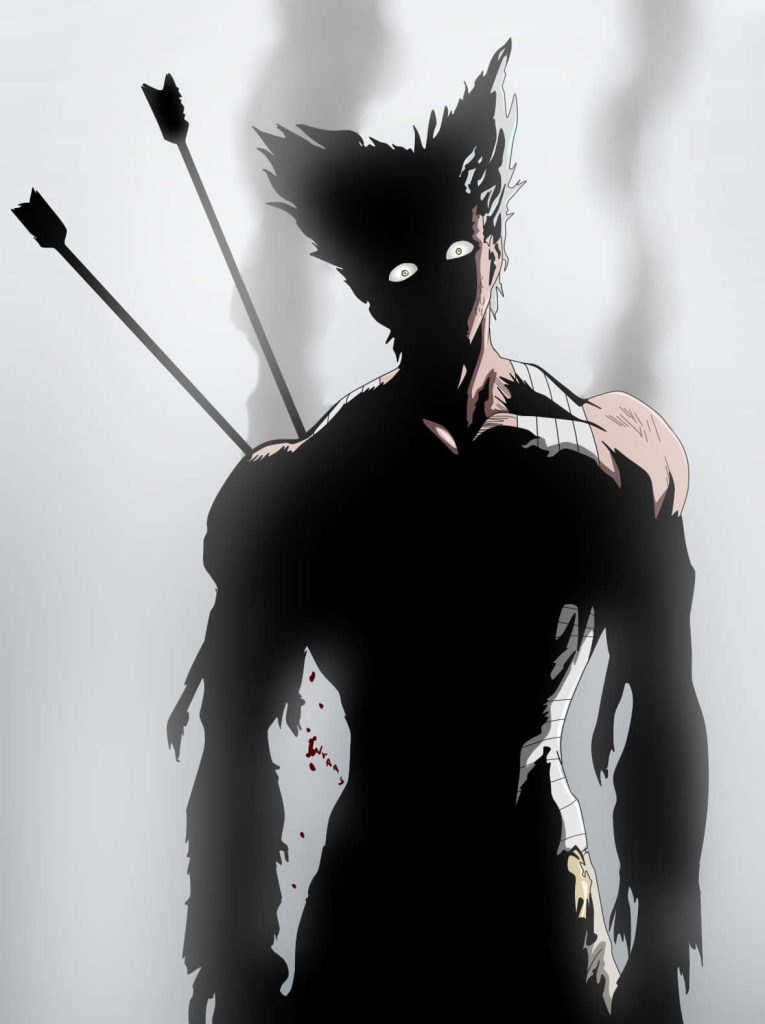 Garou One Punch Man dark silhouette wallpaper glowing eyes battle wounds arrows background