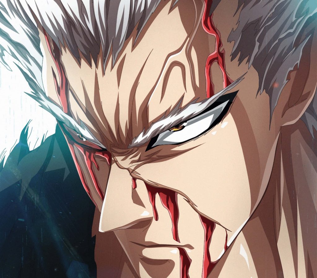 Garou One Punch Man intense close-up digital art silver hair bloodied face dramatic wallpaper