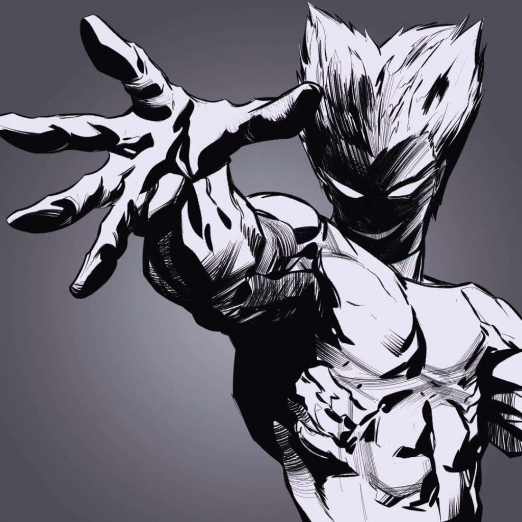 Garou One Punch Man wallpaper intense monochrome manga style fierce pose glowing eyes muscle
