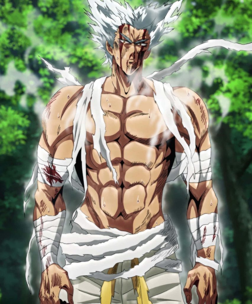 Garou One Punch Man shirtless battle-worn in forest detailed anime wallpaper background
