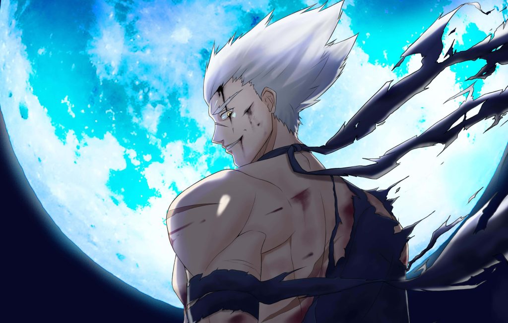 Garou from One Punch Man silhouette with silver hair and sinister grin under blue full moon wallpaper