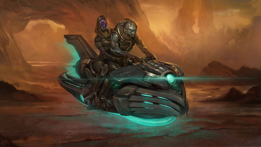 Garrus and Tali on futuristic hoverbike glowing cyan accents in orange alien wasteland background Wallpaper