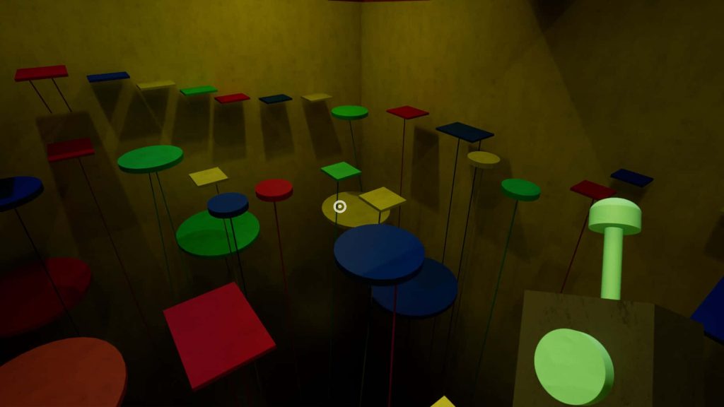 First-person view of vibrant floating platforms in Garten of Banban puzzle horror game wallpaper