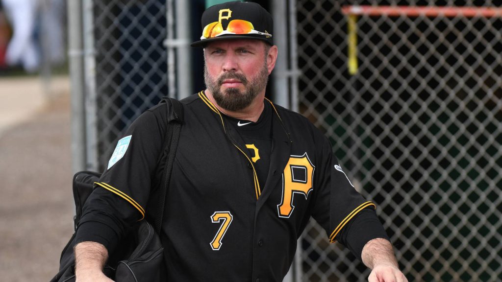 Garth Brooks in black #7 Pittsburgh Pirates uniform outdoors spring training stadium background Wallpaper