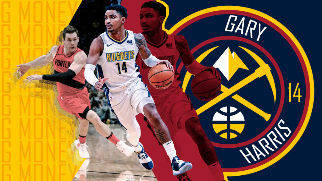 Gary Harris Denver Nuggets wallpaper action shot with team colors bold typography and mountain logo