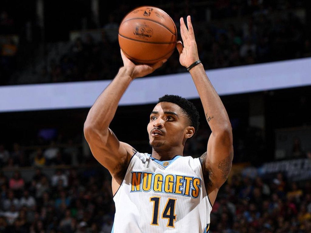 Gary Harris Denver Nuggets jump shot dynamic sports wallpaper white jersey number 14 background