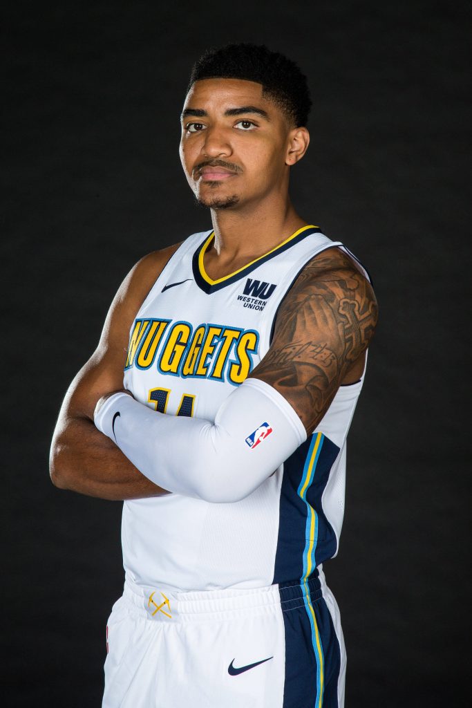 Gary Harris Denver Nuggets portrait in white jersey arms crossed black background NBA wallpaper