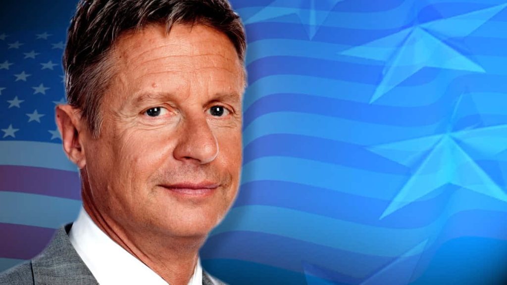 Gary Johnson portrait wallpaper with blue patriotic stars and stripes background design