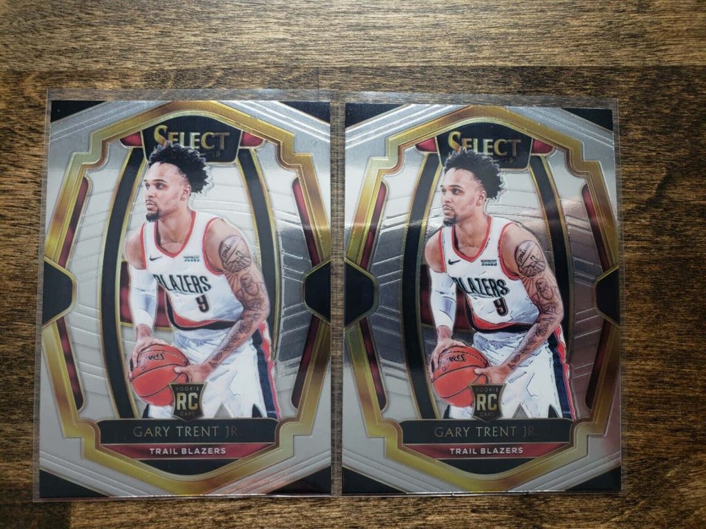 Two 2018-19 Panini Select NBA rookie cards of Gary Trent Jr in Portland Trail Blazers uniform Wallpaper