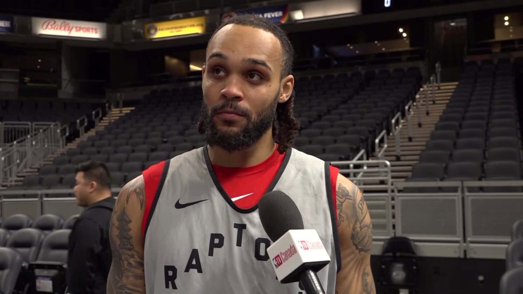 Gary Trent Jr NBA guard in Toronto Raptors jersey during professional basketball interview wallpaper