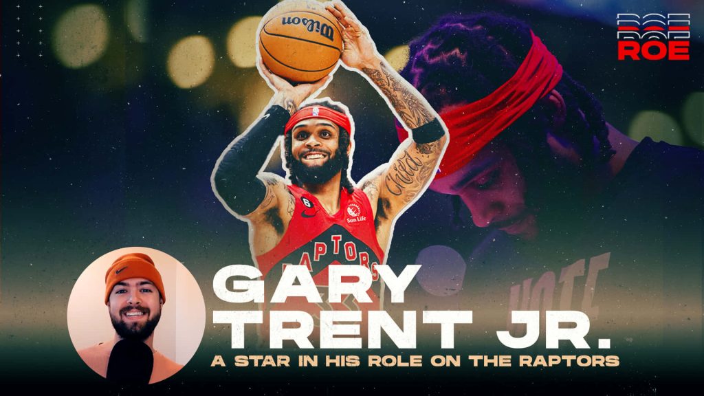 Gary Trent Jr Raptors digital wallpaper mid-jump shot Toronto basketball NBA fan poster