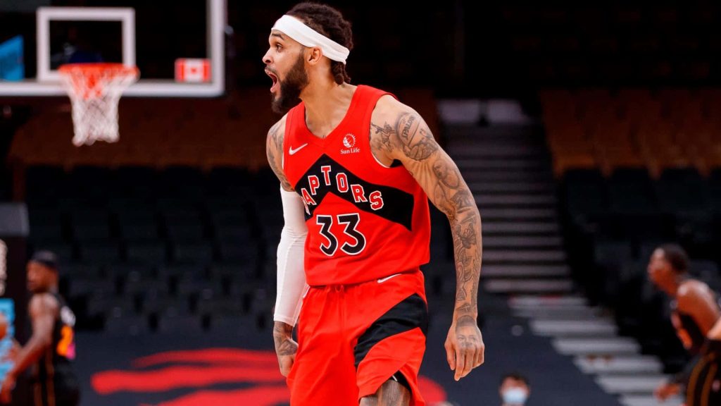 Gary Trent Jr in red Toronto Raptors jersey action shot NBA basketball wallpaper background