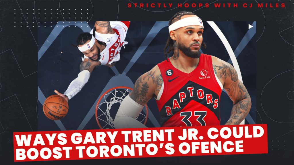 Toronto Raptors Gary Trent Jr basketball wallpaper dual action portrait red black NBA background