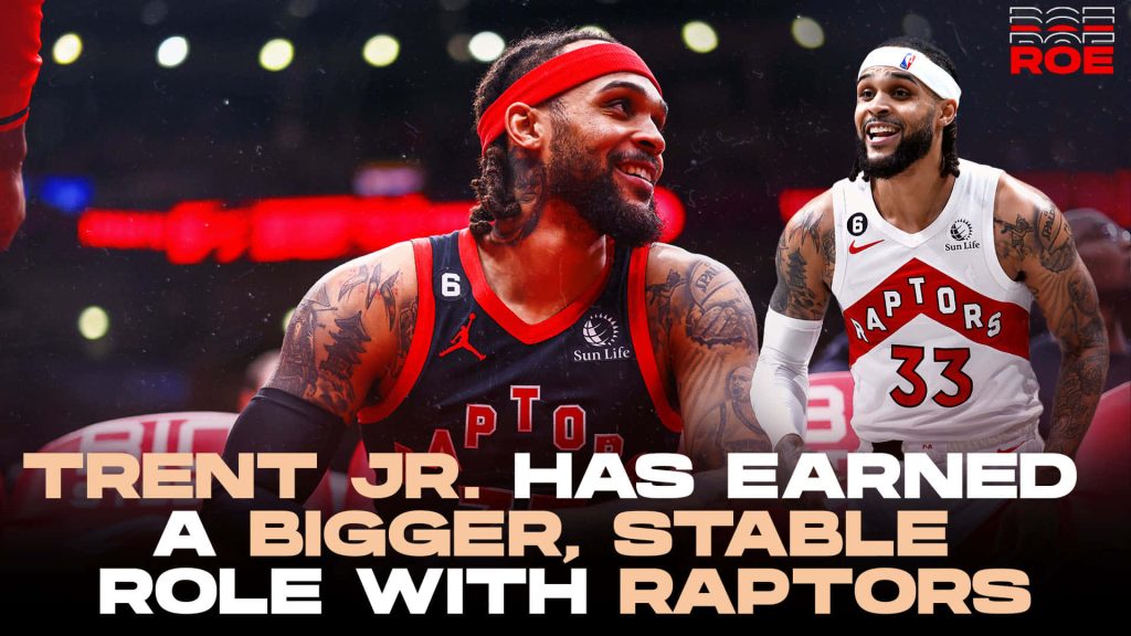Gary Trent Jr Toronto Raptors dual-image wallpaper vibrant arena background sports tribute