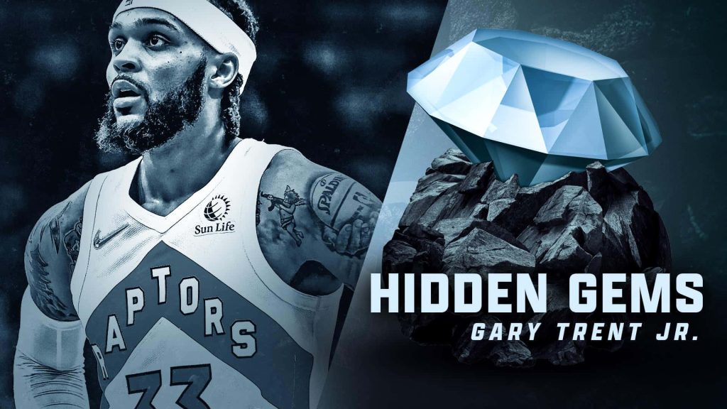 Toronto Raptors Gary Trent Jr in cool blue digital wallpaper with diamond on dark rock background