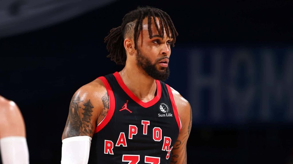 Gary Trent Jr in Toronto Raptors jersey with dreadlocks and arm tattoos NBA basketball wallpaper
