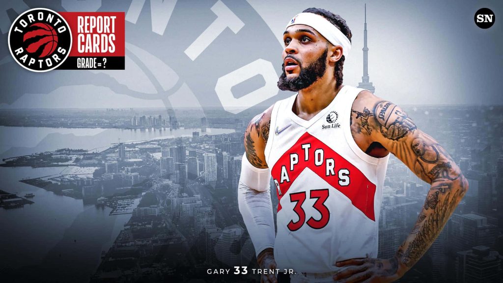 Gary Trent Jr Toronto Raptors wallpaper with white jersey CN Tower skyline background