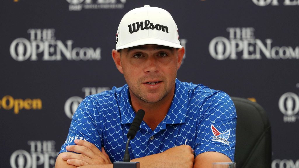 Professional golfer Gary Woodland in Wilson cap and blue polo at The Open Championship press conference Wallpaper
