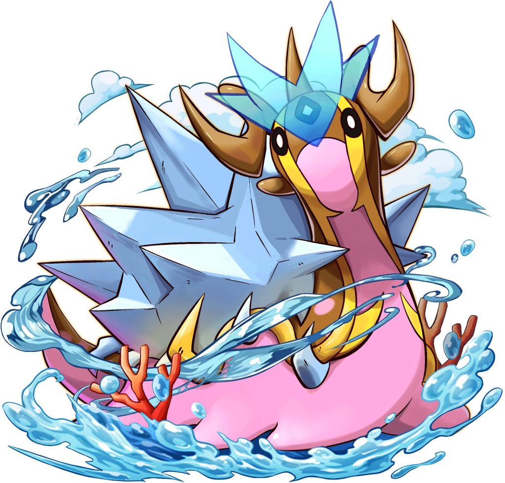 Creative Gastrodon fan art with spiky crystal shell vibrant colors water splashes coral wallpaper