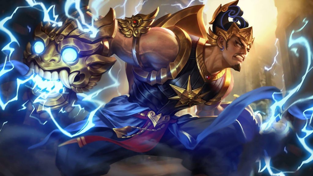 Mobile Legends Gatotkaca wallpaper intense warrior glowing golden gauntlet electric power