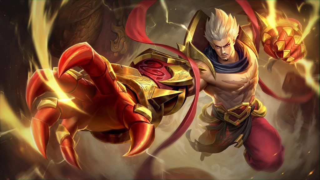 Gatotkaca Mobile Legends wallpaper muscle warrior with glowing red gauntlet dark epic background