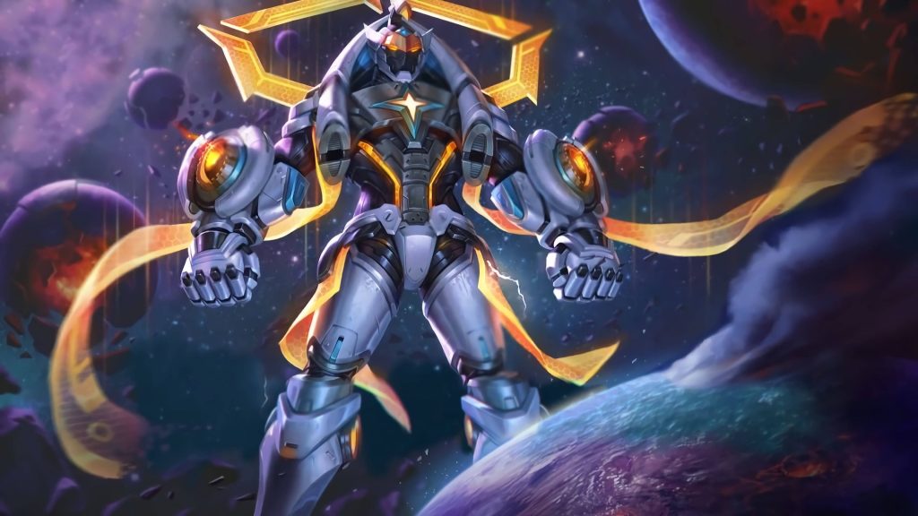 Gatotkaca Sentinel skin digital art glowing golden armor cosmic background Mobile Legends wallpaper