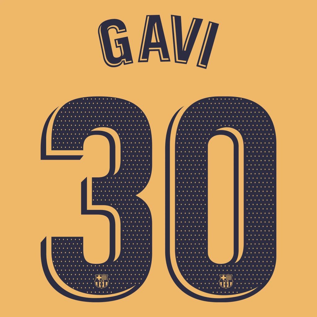 FC Barcelona Gavi wallpaper gold background bold navy number 30 club crest minimalist design