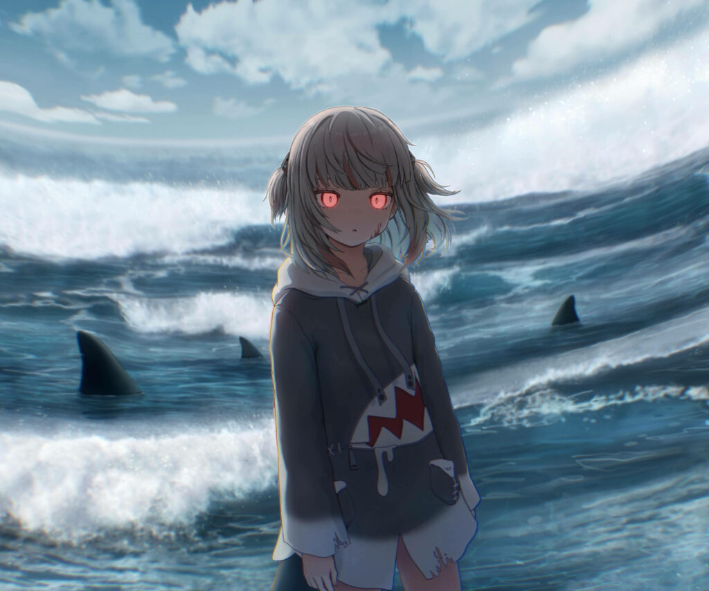 Intense Gawr Gura VTuber Wallpaper in Shark-Infested Sea Scene