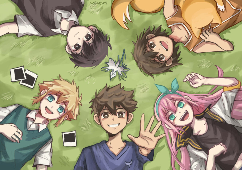 Omori Characters' Joyful Stargazing Adventure: A Delightful Grassland Encounter Wallpaper