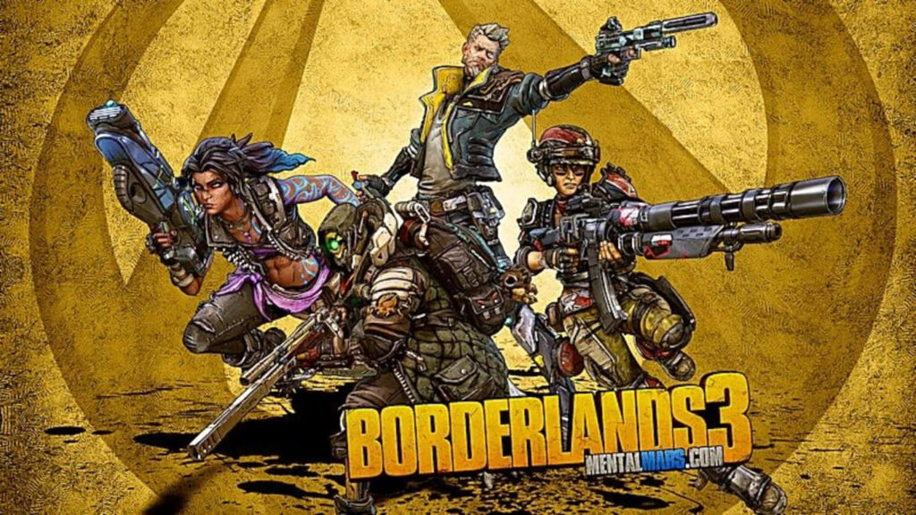 Dynamic Borderlands 3 Wallpaper: Characters with Weapons in Action Pose on Stylish Yellow Background