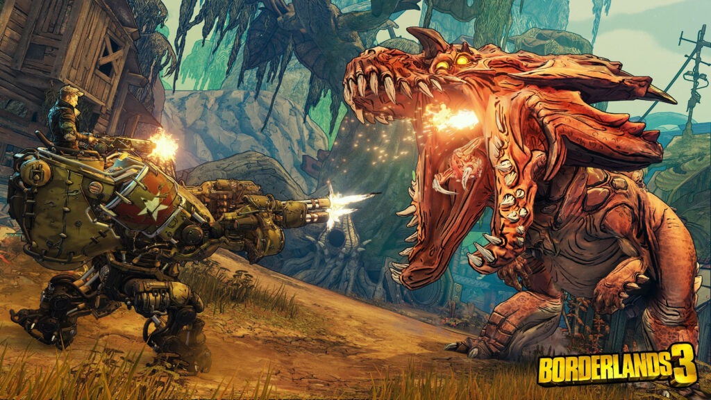Intense Borderlands 3 Wallpaper: Character Battles Monster in Dystopian Landscape
