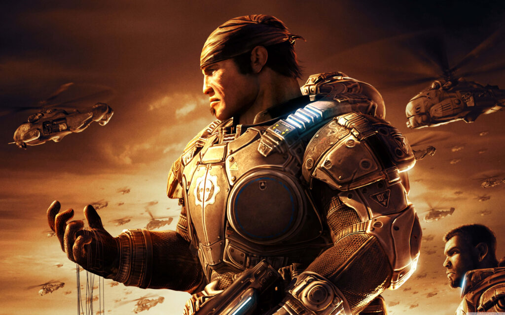 Gears of War 5 soldier in dramatic war-torn skyline Wallpaper
