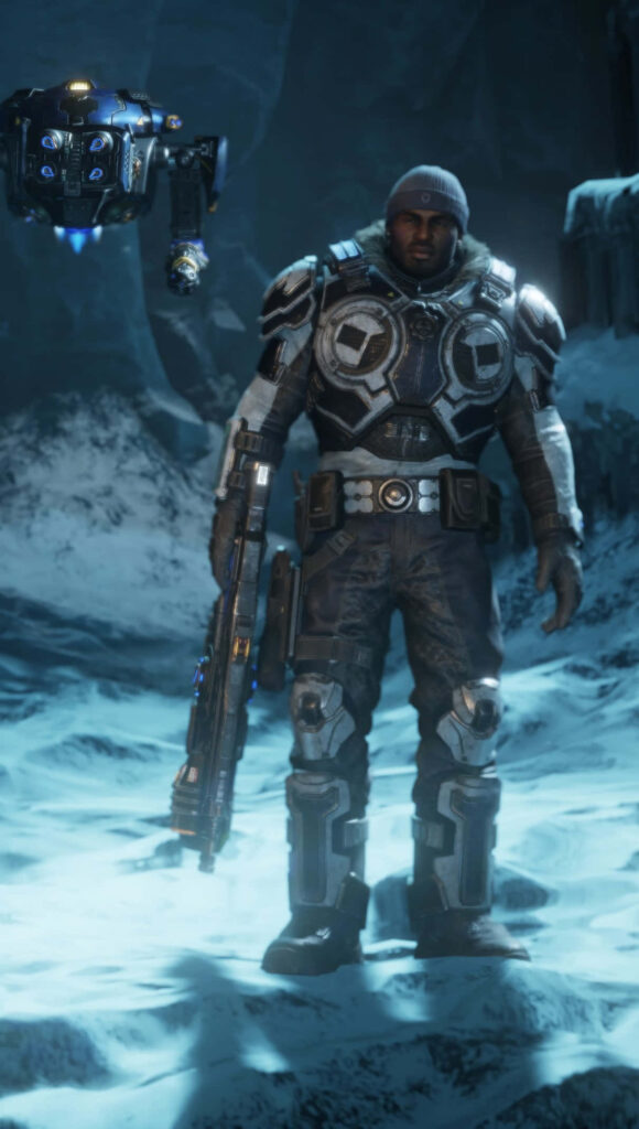 Gears of War 5 Warrior in Heavy Armor in Snowy Landscape With Drone Wallpaper