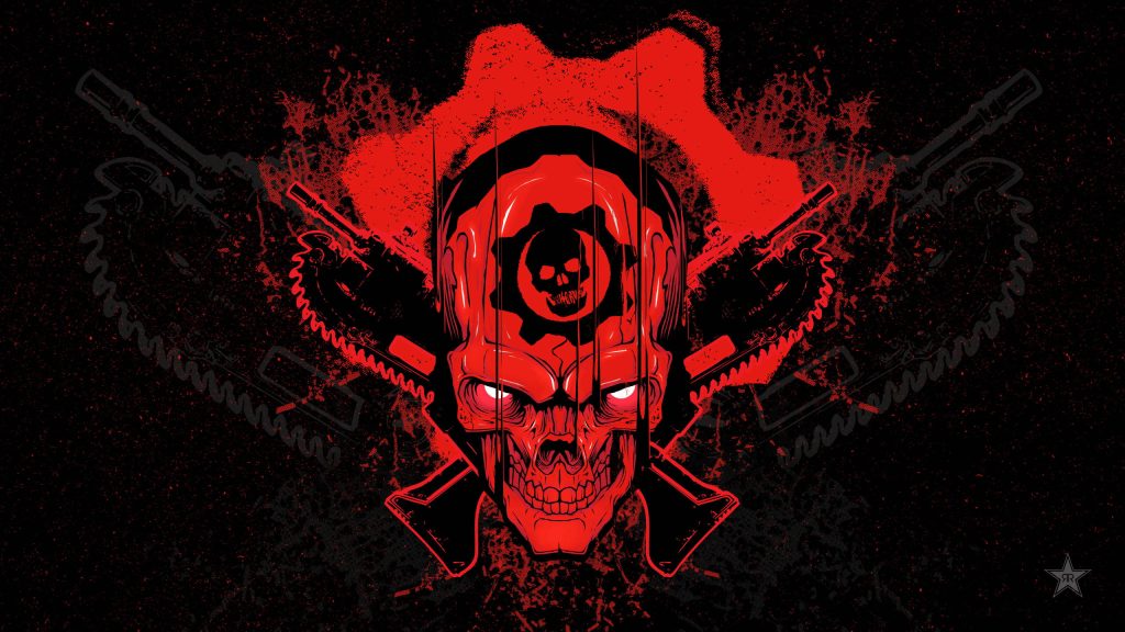 Intense Gears of War wallpaper with red skull Crimson Omen cog and crossed Lancer rifles background