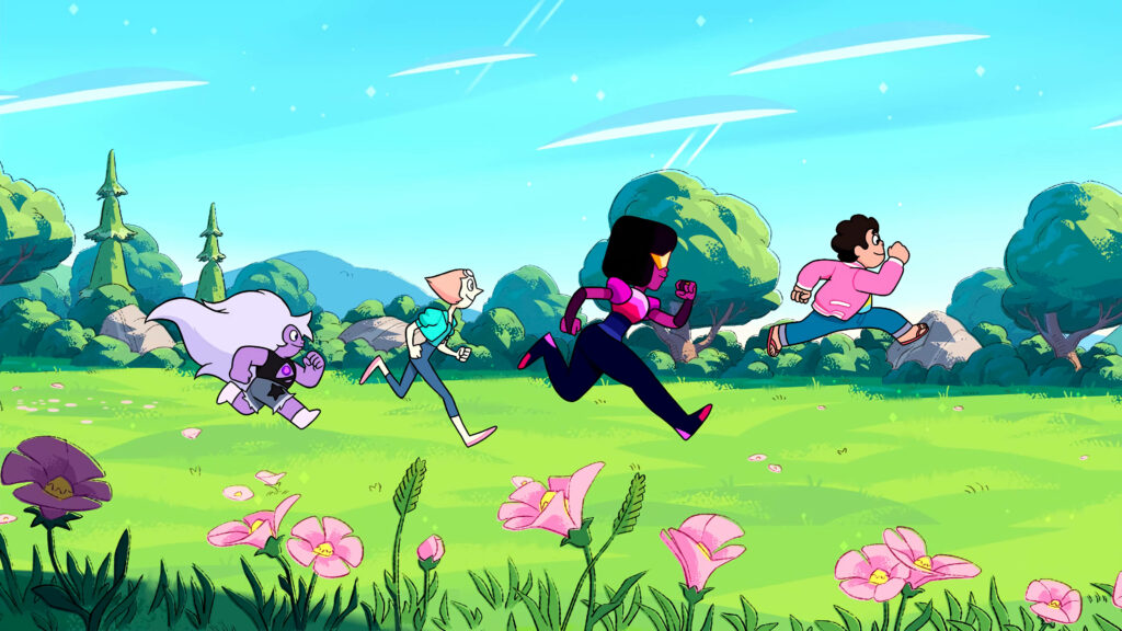 Adorable Crystal Gems Embrace Nature: Vibrant Steven Universe Meadow Wallpaper for iPad