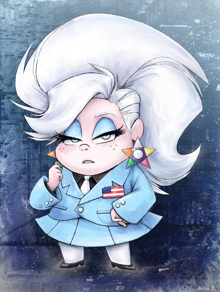 Stylized digital art of female Gideon Gleeful Gravity Falls with pompadour and blue suit background Wallpaper