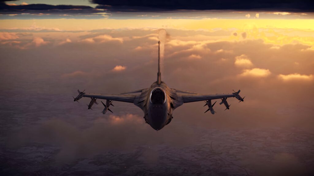 General Dynamics F-16 Fighting Falcon jet flying above clouds at sunset with golden light background Wallpaper