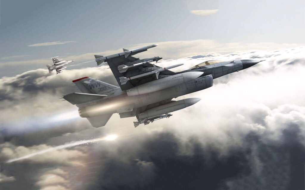 General Dynamics F-16 Fighting Falcon jet soaring above clouds with missiles ready in sunlight Wallpaper