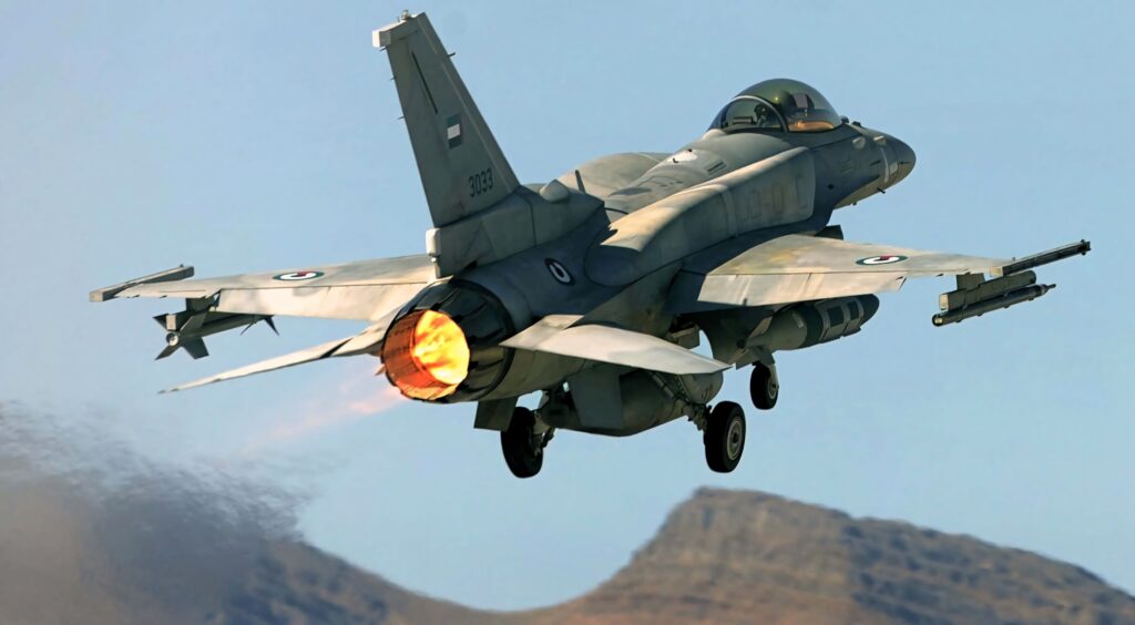 General Dynamics F-16 Fighting Falcon jet with glowing afterburner flying over rugged mountains Wallpaper