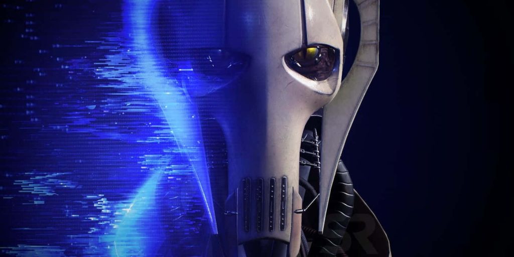 High contrast CGI close-up of Star Wars General Grievous with blue glitch effect wallpaper background