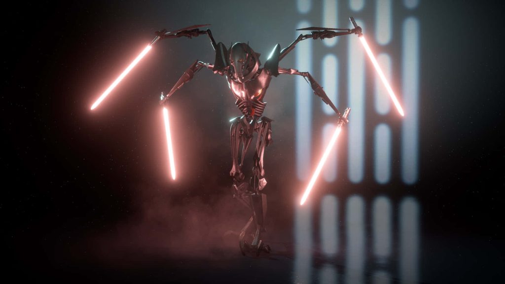 General Grievous CGI wallpaper with four red lightsabers and dramatic cinematic lighting background