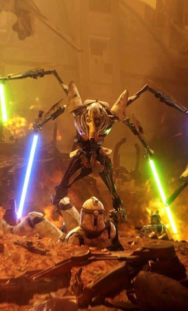 General Grievous wields multiple lightsabers on fiery battlefield over fallen clone troopers wallpaper