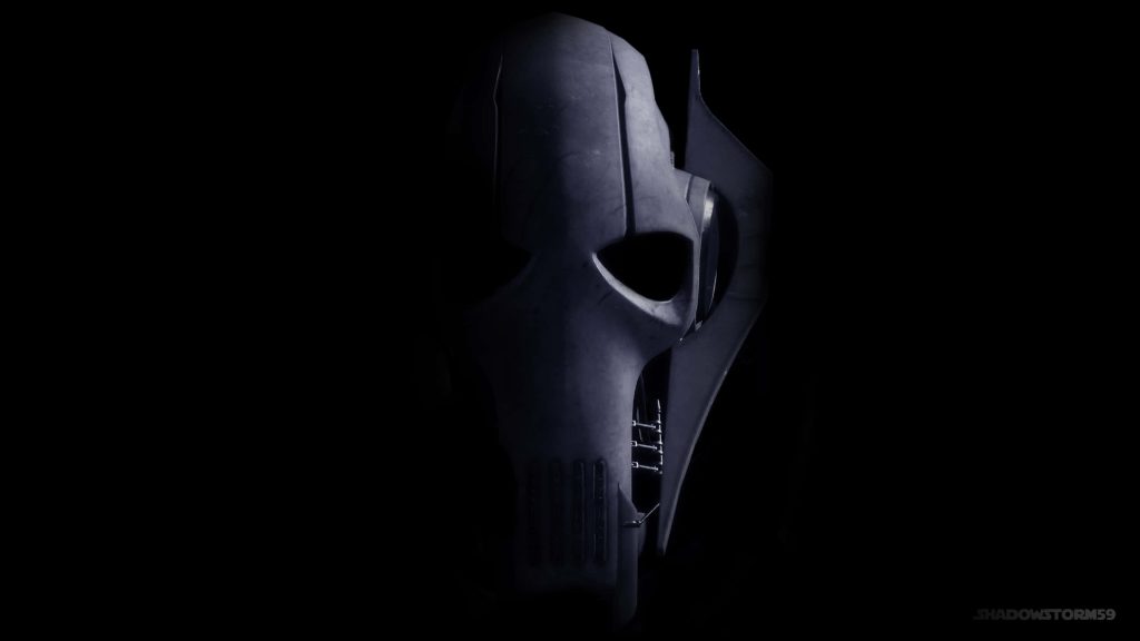 High-contrast CGI General Grievous wallpaper with menacing faceplate in moody Star Wars lighting