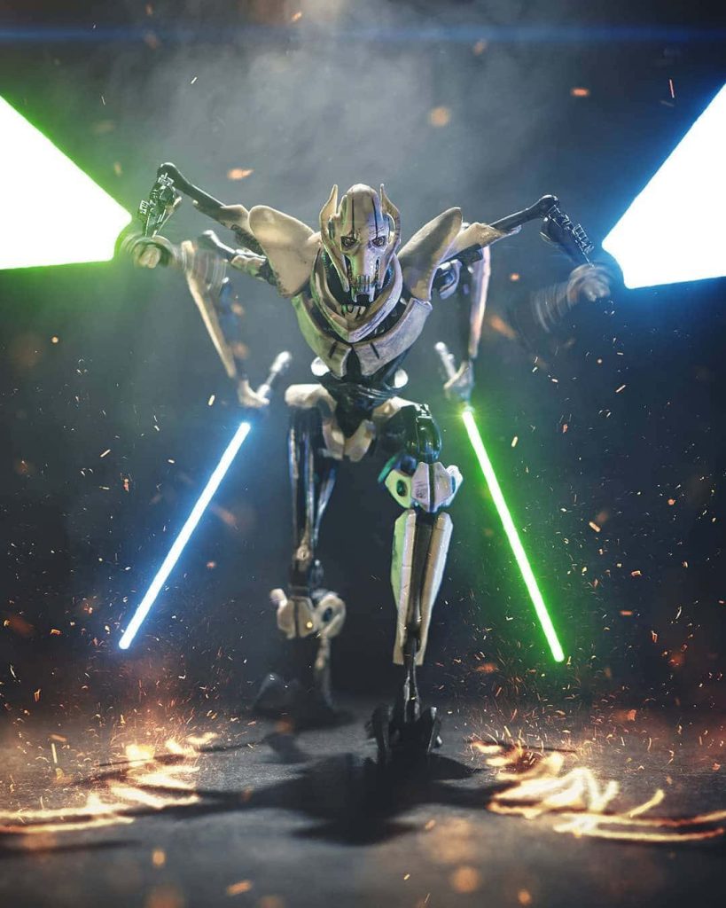 General Grievous CGI wallpaper with four lightsabers on dark ember battlefield background
