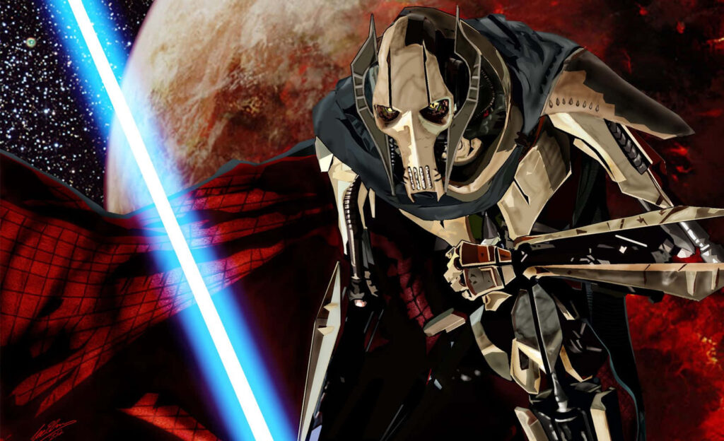 General Grievous Wallpaper: Iconic Cyborg with Blue Lightsaber