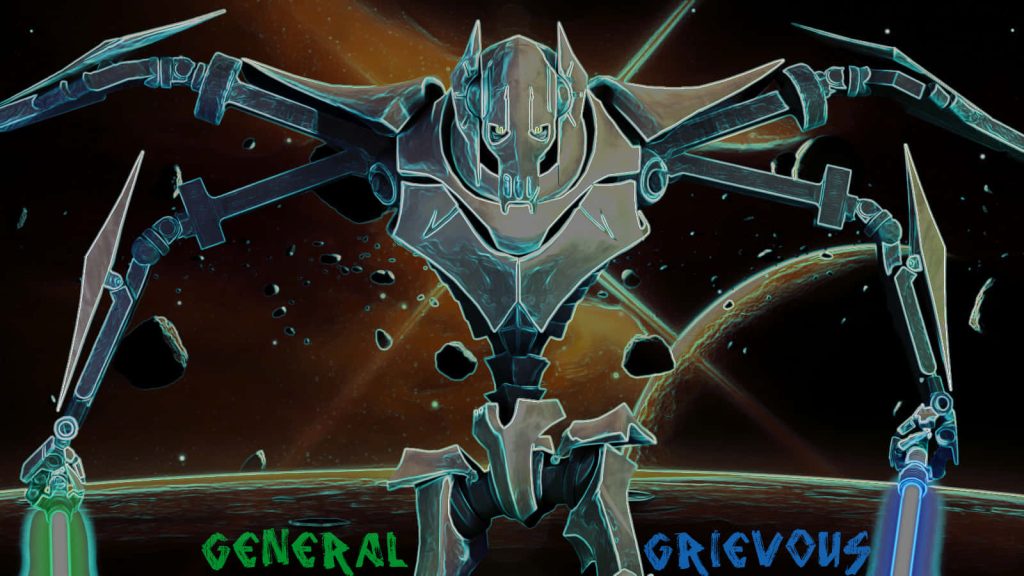 General Grievous with green blue lightsabers neon armor cosmic Star Wars digital art wallpaper