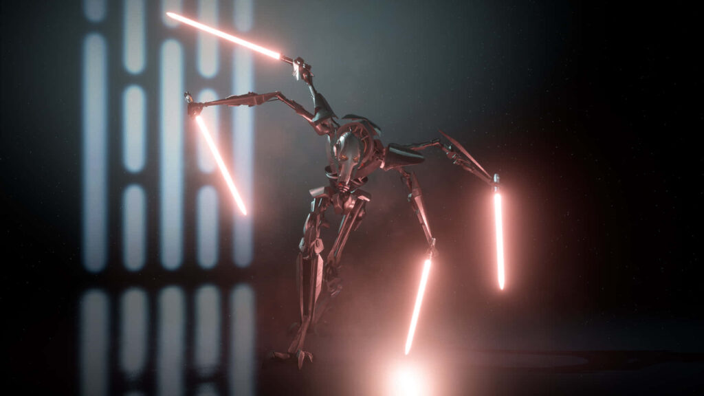General Grievous Wallpaper: Intense Star Wars Scene with Four Lightsabers
