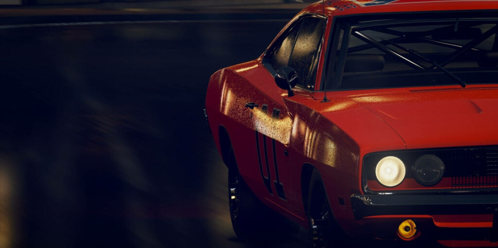 Close-up of iconic General Lee car vibrant orange paint racing details classic muscle car wallpaper