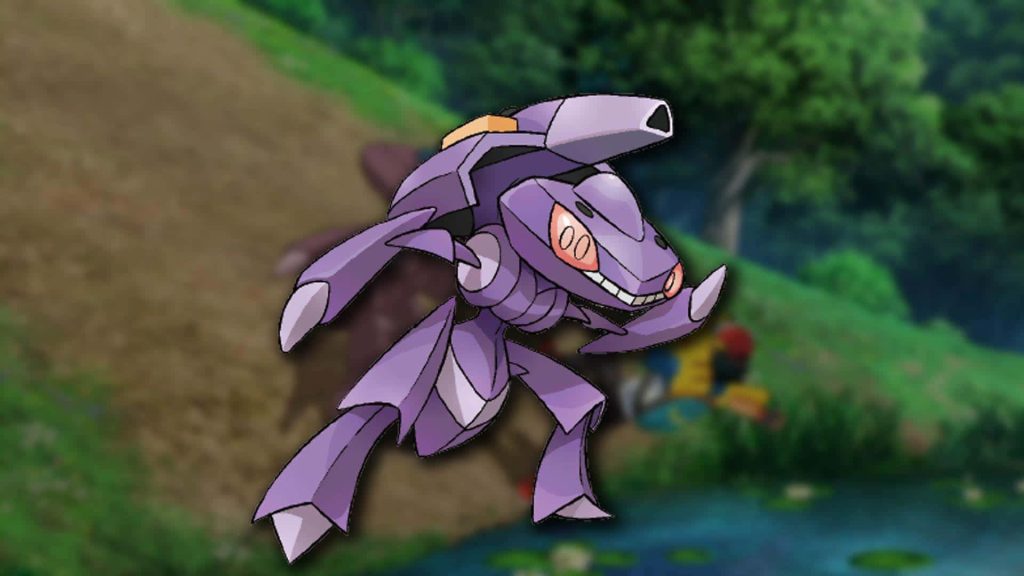 Genesect anime wallpaper showing purple bug-type Pokémon with robotic design in forest background