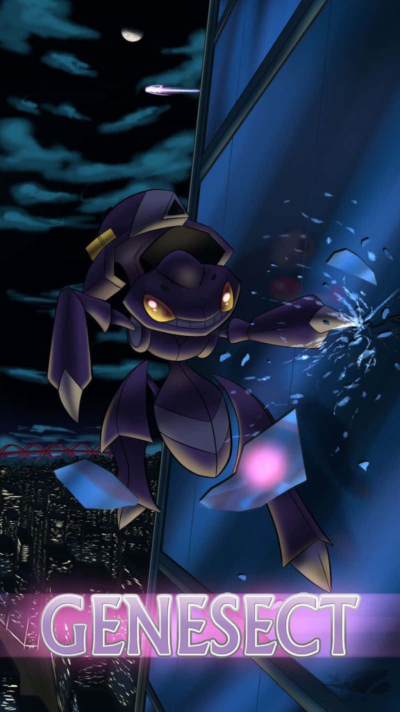 Genesect Pokémon smashing glass skyscraper at night with crescent moon city skyline wallpaper